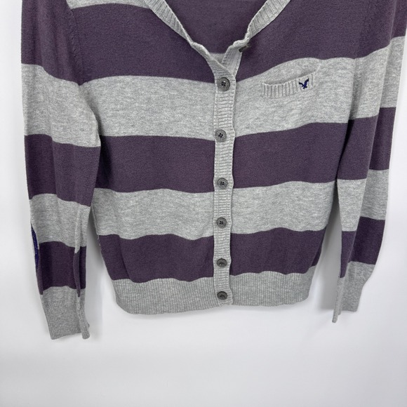 Vintage Y2K AEO Striped Cardigan Sweater Women's M Purple Gray Elbow Patch‎ - Picture 3 of 15